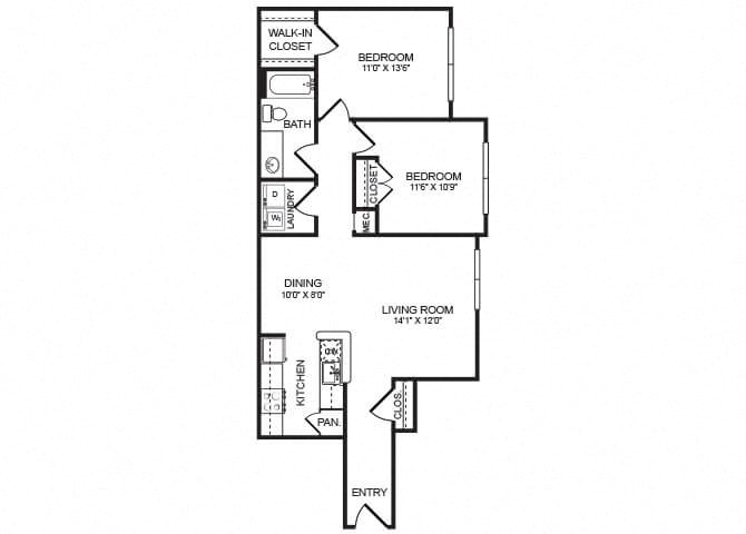 Floor plan for 2 beds, 1 bath, 983 sqft